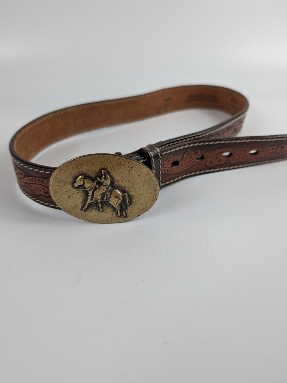VTG Hand Embossed Brown Leather Belt Gold Brass Western Cowboy Buckle Cowhide